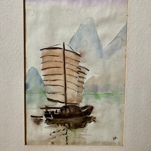 Vintage Watercolor Vintage Seascape Watercolor Vintage Original Watercolor of Boat on Water image 3