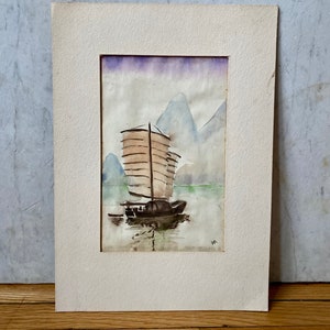 Vintage Watercolor Vintage Seascape Watercolor Vintage Original Watercolor of Boat on Water image 2