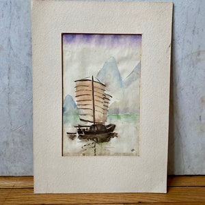 Vintage Watercolor Vintage Seascape Watercolor Vintage Original Watercolor of Boat on Water image 4