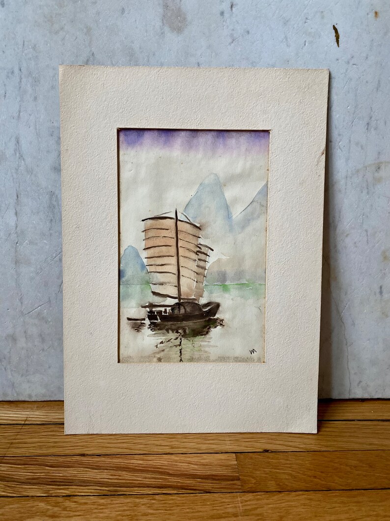 Vintage Watercolor Vintage Seascape Watercolor Vintage Original Watercolor of Boat on Water image 4