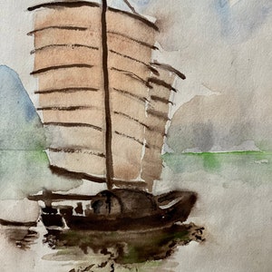 Vintage Watercolor Vintage Seascape Watercolor Vintage Original Watercolor of Boat on Water image 1