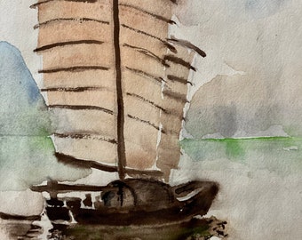 Vintage Aquarell - Vintage Meereslandschaft Aquarell - Vintage Original Aquarell von Boot auf Wasser