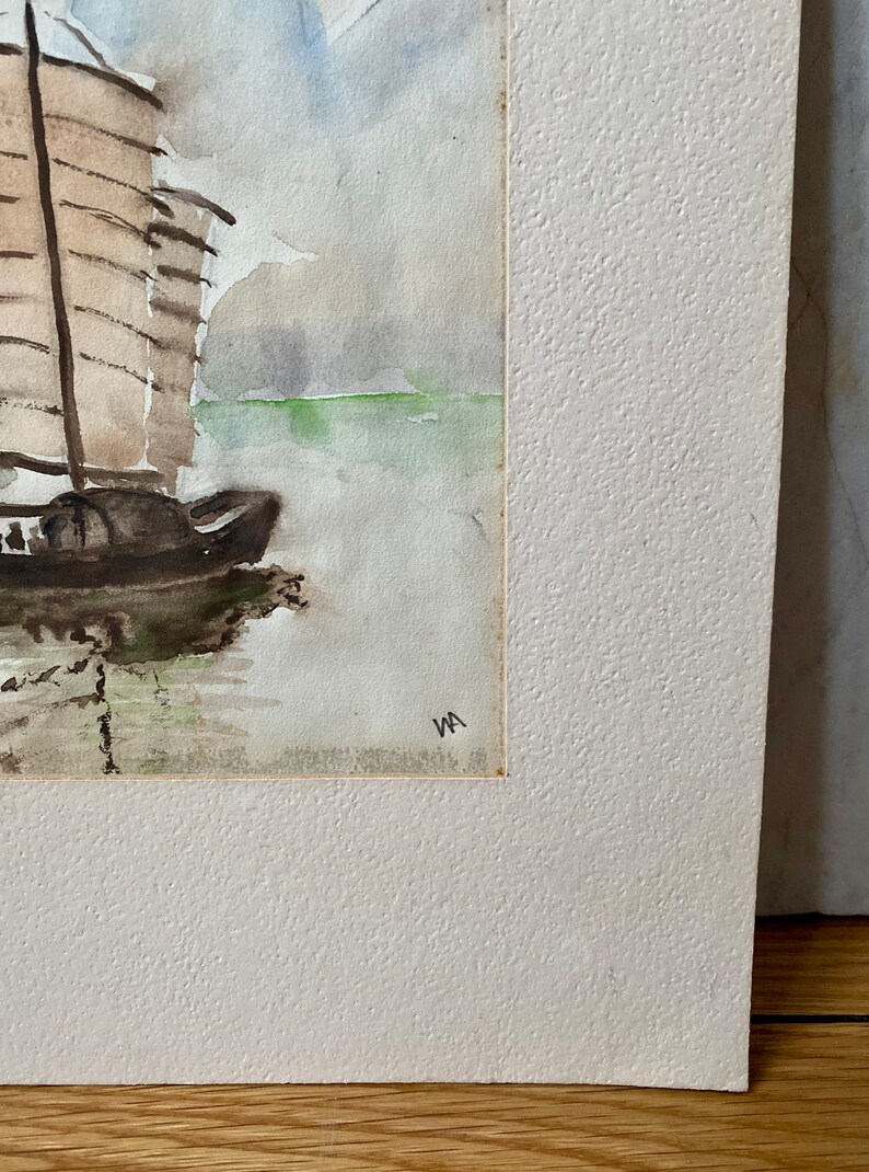 Vintage Watercolor Vintage Seascape Watercolor Vintage Original Watercolor of Boat on Water image 6