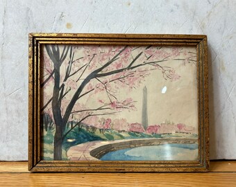 Vintage Aquarellmalerei- Vintage Originale Kunst- Kirschblüten und das Washington Monument