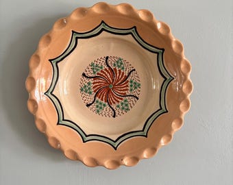 Vintage Hungarian Tiszafured Scalloped Pottery Plate – Peach Green Terracotta Cottagecore