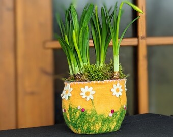 Spring planter made of felt, felt pot for houseplants, Easter decoration window, felted planter