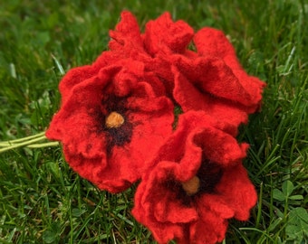 3er Set Mohnblumen gefilzt , Blumenstrauß aus drei roten Mohnblumen, handgefertigt