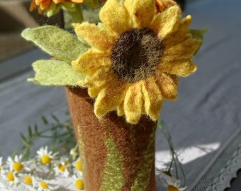 Sunflower made of felt, felted sunflower with stem and leaf, yellow felt flower made by hand