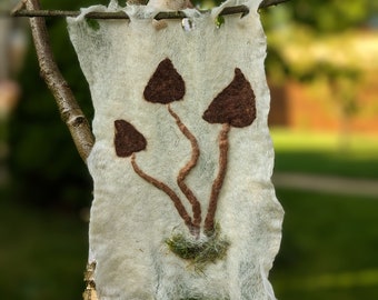 small felt curtain, felted window picture, window curtain made of felt wool with mushrooms and moss, handmade, pure nature