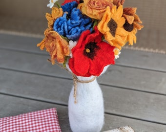 Felt flowers bouquet of poppies cornflower sunflowers chamomile, felted wildflowers, handmade, felted summer flowers, felt field flowers