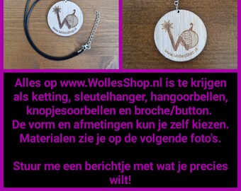 Ketting | sleutelhanger | hangoorbel | oorbelknopje | licht hout | hardhout | fluorescerend plexiglas | helder plexiglas | opaal plexiglas