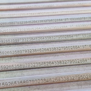Op de afbeelding: Close-up van verschillende houten potloden, elk gegraveerd met de cijfers van pi: 3.141592653589793238462643383279502884. De potloden zijn in parallelle rijen gerangschikt. De potloden hebben een natuurlijke houtkleur.