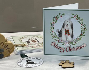 4 Bearded Collie Christmas Cards - Wreath