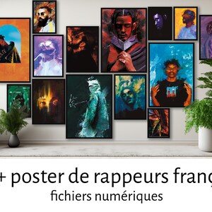 May include: A collection of framed art prints featuring portraits of rappers in various styles and colors. The artwork is displayed on a white wall above a sofa and plants. The text at the bottom reads "40+ poster de rappers français fichiers numériques."