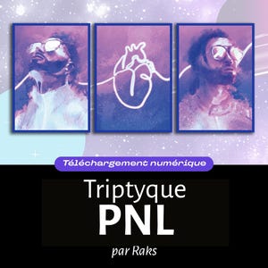 May include: A triptych digital art print featuring three framed images. Two portraits of a man wearing sunglasses flank a central image of a white line drawing of a heart. The text "Triptyque PNL" and "par Raks" are below.