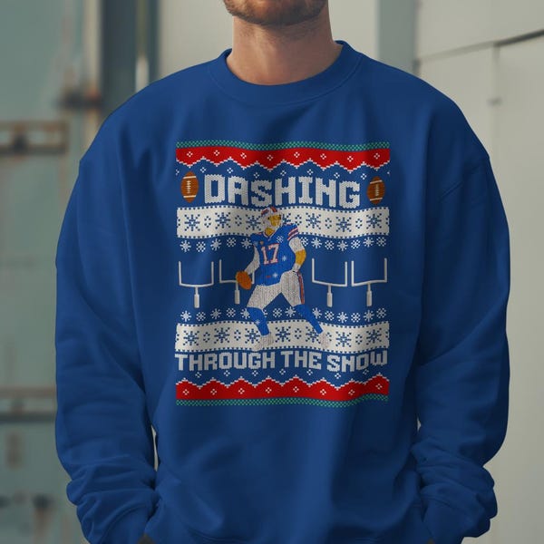 Buffalo Football Ugly Pattern Vintage Sweatshirt, Josh Allen Dashing Through The Snow Hoodie, Football Game Day Sweatshirt, Christmas Gifts,