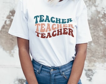 Retro Teacher Tee Wavy Groovy Lettering; Gift for Teachers Retro Teacher Crewneck Retro Teach Shirt Teacher Tee Teacher Shirts Gift for Her