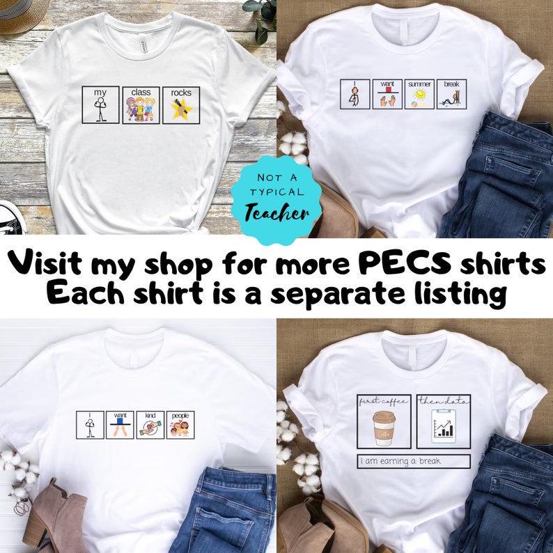 May include: Four white t-shirts with different graphic designs. The designs include a stick figure with the words "my class rocks", a stick figure with the words "want, wet, summer, break", a stick figure with the words "want, kind, first, people", and a coffee cup with the words "first coffee, then data, I am earning a break". The shirts are laid out on a wooden surface with cotton balls and blue jeans.