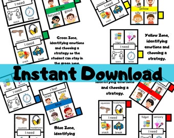 Può includere: Un set di carte stampabili per identificare le emozioni e scegliere strategie di coping. Le carte sono codificate a colori in base alla zona: verde, gialla e blu. Ogni carta presenta un'emozione diversa, una strategia di coping corrispondente e una rappresentazione visiva dell'emozione. Il testo sulle carte include: "Mi sento", "Ho bisogno", "Stringere", "Cuffie", "Spazio", "Pausa", "Agitarsi", "Sensoriale", "Zona verde", "Zona gialla", "Zona blu", "Identificare le emozioni", "e scegliere una strategia", "Download immediato".