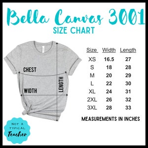 K&ouml;nnte beinhalten: Gr&ouml;&szlig;entabelle Bella Canvas 3001 f&uuml;r T-Shirts. Die Tabelle zeigt die Ma&szlig;e in Zoll f&uuml;r Brustweite und L&auml;nge f&uuml;r die Gr&ouml;&szlig;en XS bis 3XL.