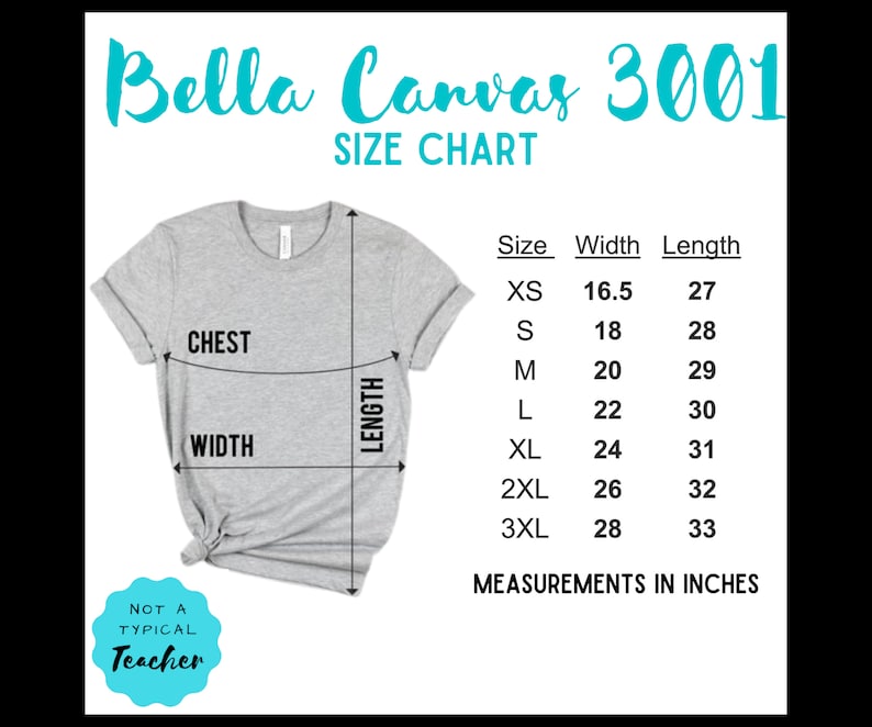 K&ouml;nnte beinhalten: Gr&ouml;&szlig;entabelle Bella Canvas 3001 f&uuml;r T-Shirts. Die Tabelle zeigt die Ma&szlig;e in Zoll f&uuml;r Brustweite und L&auml;nge f&uuml;r die Gr&ouml;&szlig;en XS bis 3XL.