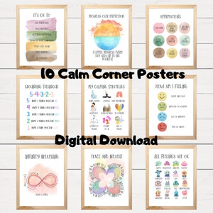 10 Calm Corner Classroom Posters, Calming Corner Printable Decor Wall Art Social Emotional Self Regulation Feelings Chart Homeschool Prints