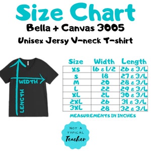 Puede incluir: Tabla de tallas para una camiseta de cuello en V de punto unisex Bella + Canvas 3005. La tabla muestra las medidas de ancho y largo en pulgadas para las tallas XS a 3XL.