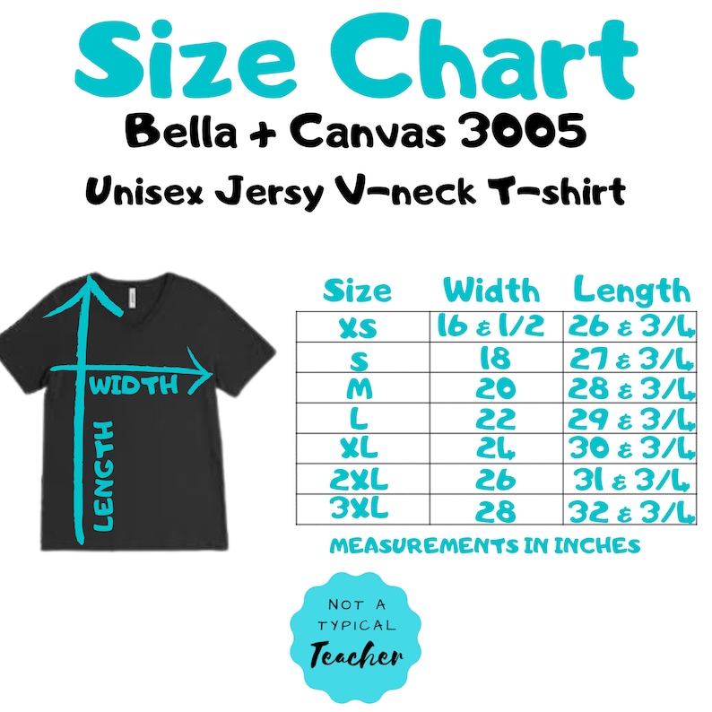 Puede incluir: Tabla de tallas para una camiseta de cuello en V de punto unisex Bella + Canvas 3005. La tabla muestra las medidas de ancho y largo en pulgadas para las tallas XS a 3XL.