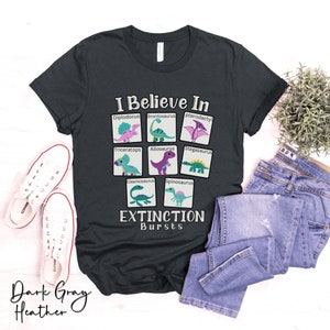 May include: Dark gray heather t-shirt with a graphic of dinosaurs and the text "I Believe In Extinction Bursts".