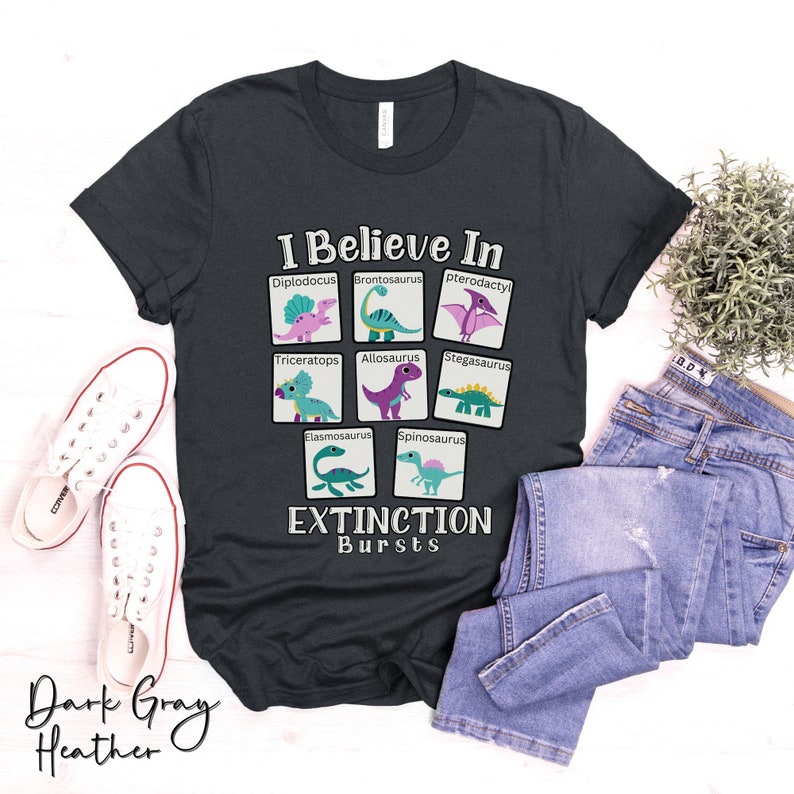 May include: Dark gray heather t-shirt with a graphic of dinosaurs and the text "I Believe In Extinction Bursts".