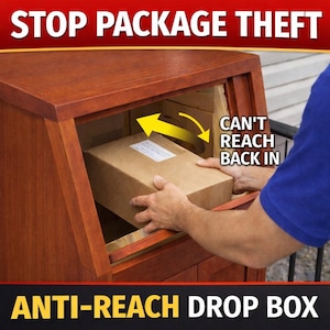 May include: A wooden anti-reach drop box with the text "STOP PACKAGE THEFT" and "ANTI-REACH DROP BOX". A person is placing a cardboard box inside the drop box. The text "CAN'T REACH BACK IN" is also visible.