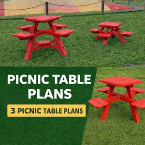 Könnte beinhalten: Rote Picknicktische in verschiedenen Größen werden auf einer Rasenfläche gezeigt. Die Tische haben angebrachte Bänke und sind aus Holz. Das Bild enthält den Text "PICNIC TABLE PLANS" und "3 PICNIC TABLE PLANS".