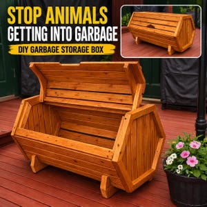 May include: A wooden DIY garbage storage box with the lid open. The box is made of light brown wood and has a barrel-like shape. The text "STOP ANIMALS GETTING INTO GARBAGE" and "DIY GARBAGE STORAGE BOX" is displayed in the image.