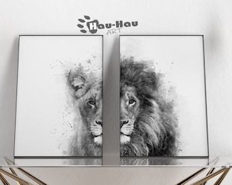 Lions wall artSet of 2 Black and White lions printable watercolor wall art. Lion wall art, Lioness Print, Nursery Prints, Safari Nursery.