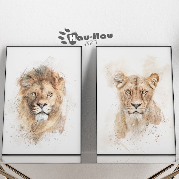 Arte de pared de leonesSet de 2 leones imprimibles arte de pared de acuarela. Arte mural de león, Lioness Print, Nursery Prints, Safari Nursery.
