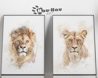 Lions wall artSet of 2 lions printable watercolor wall art. Lion wall art, Lioness Print, Nursery Prints, Safari Nursery.