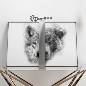 Set of 2 Abstract Wolf and Bear Black and White watercolor wall art. Bear wall art, Bear print. Wolf wall art, wolf print, woodland animals.