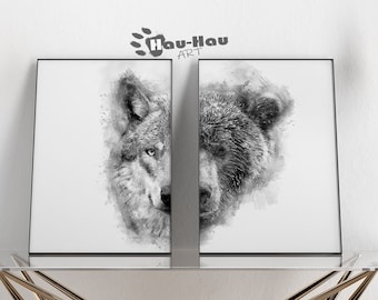 Set of 2 Abstract Wolf and Bear Black and White watercolor wall art. Bear wall art, Bear print. Wolf wall art, wolf print, woodland animals.
