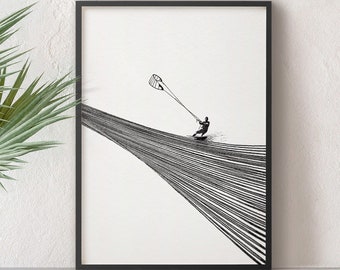 Kitesurf minimaliste Line Art Print, Surf Print, Surf Art Poster, Waves Line Art, Waves Line Minimal, Surfing Minimal Print.