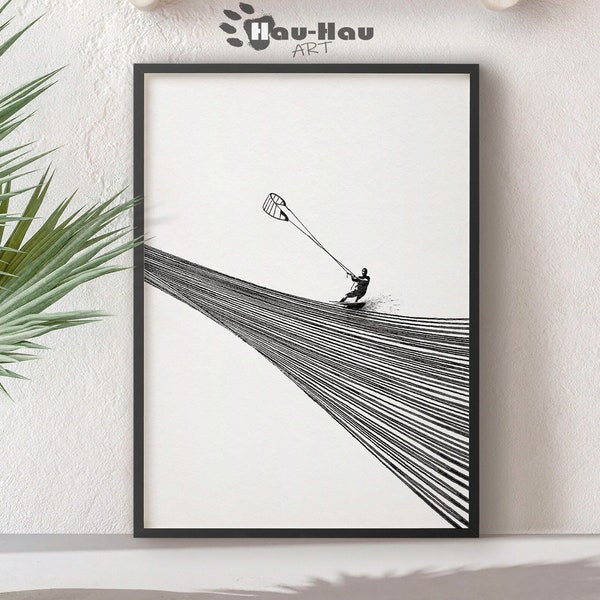 Minimalist kitesurfing Line Art Print, Surf Print, Surfing Art Poster, Waves Line Art, Waves Line Minimal, Surfing Minimal Print.