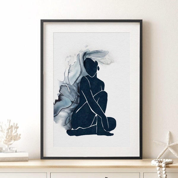 Abstract Woman Body Wall Art, Minimal Woman Art, Bedroom wall art, Watercolor Art, Female Body Art,  Navy Blue silhouette art, Petrol Blue