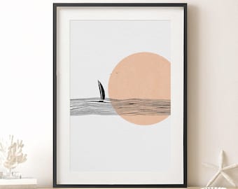 Minimalist Sailboat Print, Sailing Poster, Gift for Sailor, Waves Line Art, Waves Line, Nautical Wall Art, Coastal Wall Art INSTANT DOWNLOAD