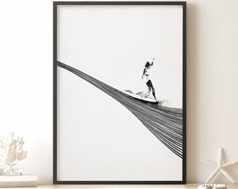 Minimalist Surf Line Art Print, Surf Girl Print, Surfing Art Poster, Waves Line Art, Waves Line Minimal, Surfing Minimal Print.