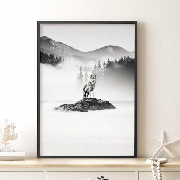 Black and White Wolf Print, Wolf Wall Art, Mountain Poster, Modern Art Print, Wildlife, Woodland, Nature,Foggy Forrest wall Art.