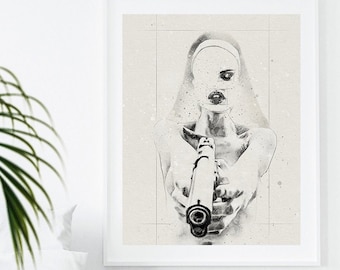 Monja desnuda imprimible arte de pared de acuarela. Arte de pared moderno, Arte de mujer, Chica con pistola, Arte de pared desnudo, Estampado de moda, Arte de pared de moda.