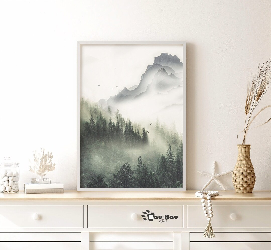 Misty Foggy Forest and Mountains Print, Mountain Wall Art, Modern Art ...