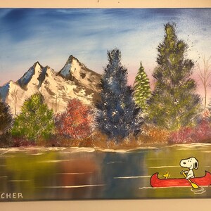 Peinture d’art originale sur toile, canoës pour chiens avec oiseau, huile + acrylique mash-up, artiste signé