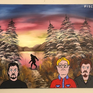 Peinture d’art originale sur toile, les garçons à la recherche de sasquatch, huile + acrylique mash-up, artiste signé