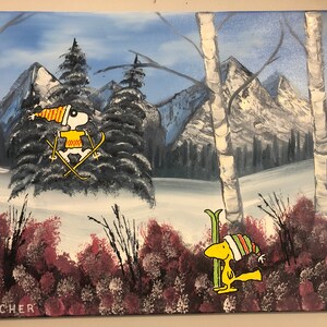Peinture d’art originale sur toile, skis hot-dog avec copain d’oiseau, mash-up huile + acrylique, artiste signé