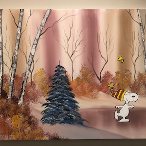 Peinture d’art originale sur toile, chien + oiseau patinant sur étang, huile + acrylique mash-up, artiste signé